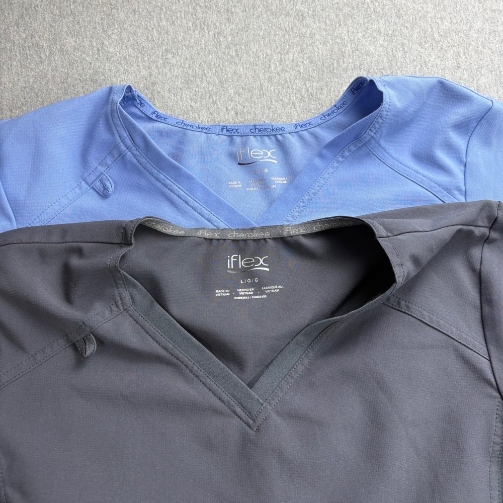 Cherokee iFlex Scrub Top Lot Womens L Gray Blue V Neck Scrub Top‎ Side Panels
